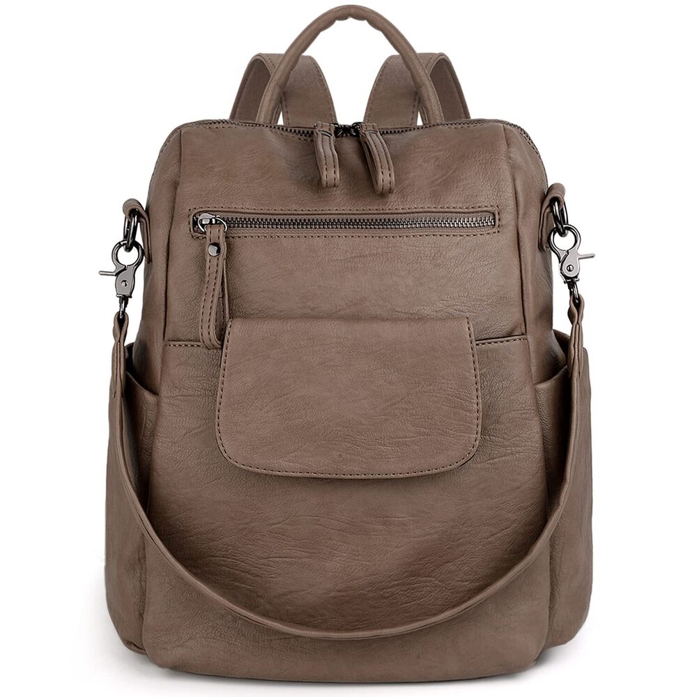 2788 Backpack Purse 3 ways PU Washed Leather Rucksack Shoulder Bag Khaki
